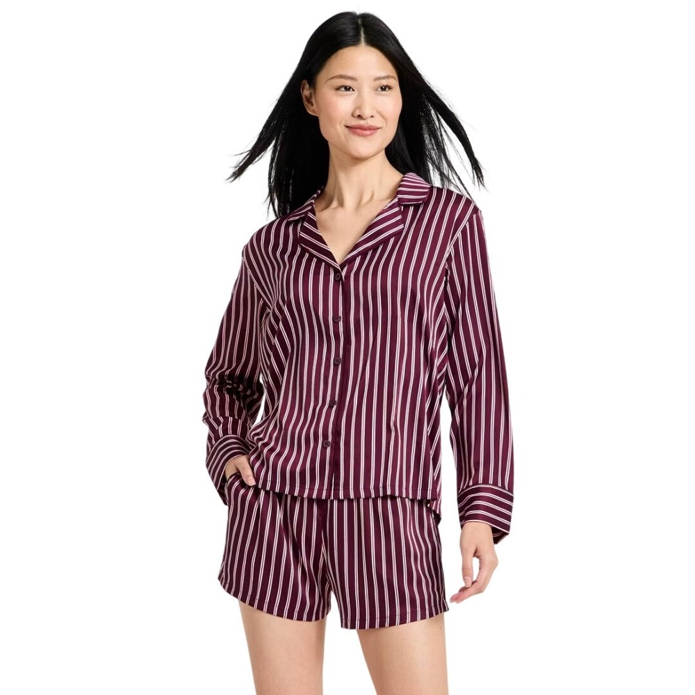 Auden Women's Burgundy Striped Luxe Satin 2pc Pajama Set Size XS